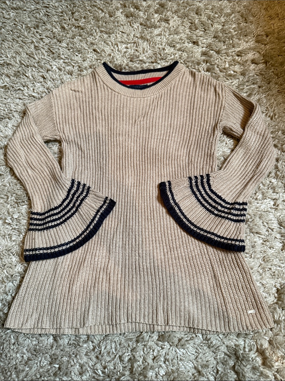 Tommy Hilfiger Beige Ribbed Flare Sleeve Sweater